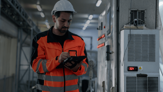 Engineer in high visibility workwear using a tablet while checking controls inside a manufacturing facility.