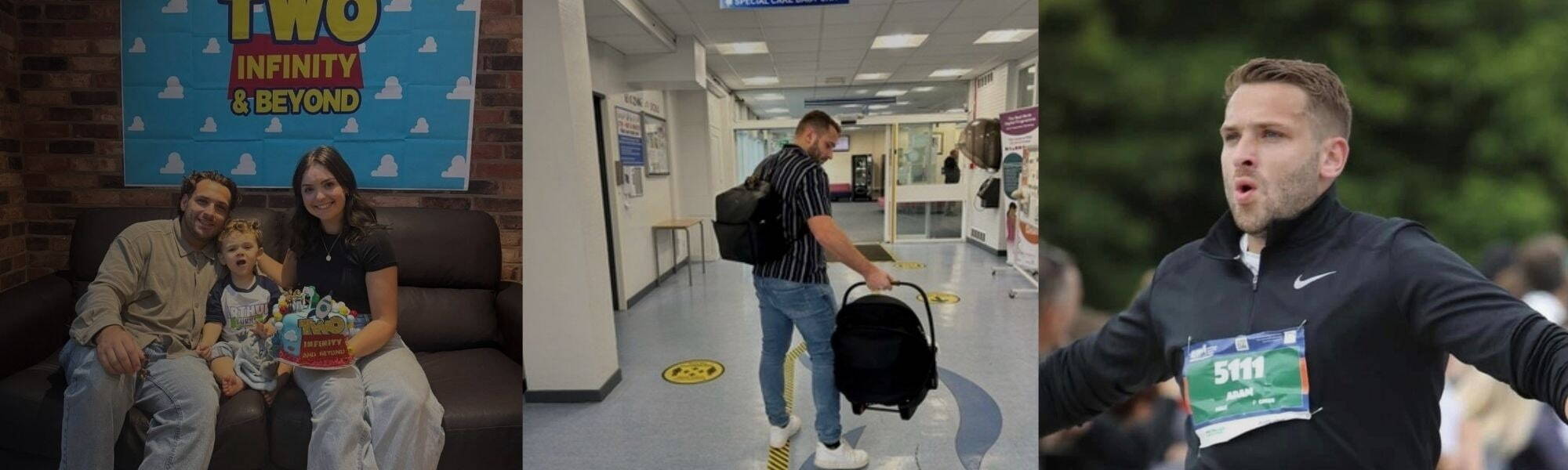 Three images including one of Adam running, Adam in the hospital with his child and one with his partner and child