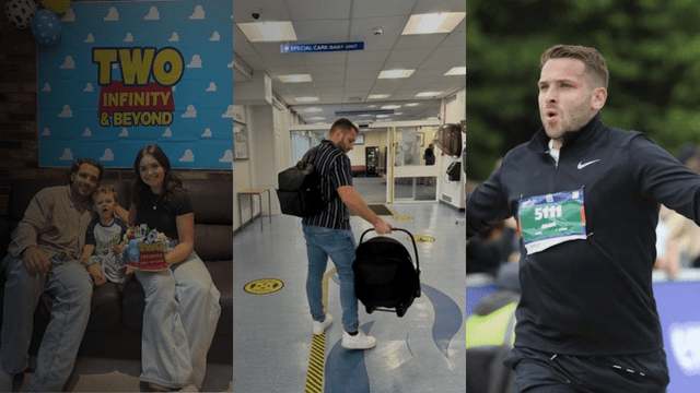 Three images including one of Adam running, Adam in the hospital with his child and one with his partner and child